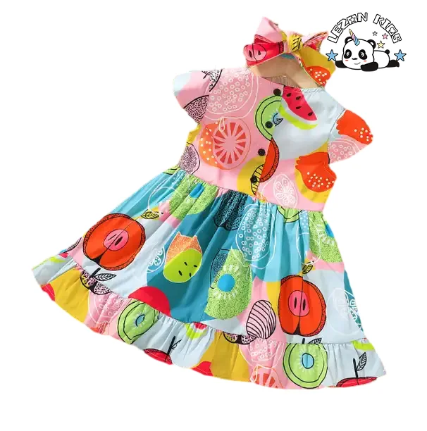 LEZONKIDS - Custom Summer Kids Clothing Fruit Print Casual Dress Girls Breathable Knee-Length Mini Design School Party Toddlers Dress